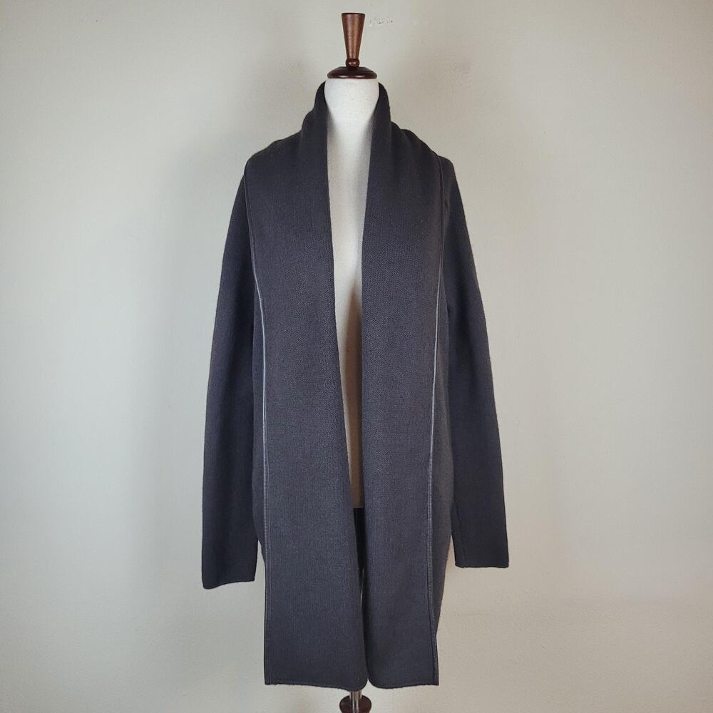 Vince Sweater Small Brown Wool Yak Leather Trim Open Front Long Cardigan Knit‎